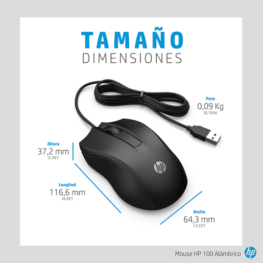 Mouse Alámbrico Hp 100 / Negro / USB