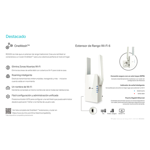 Extensor de Rango WiFi TP Link RE505X / 300 1200 Mbps / 2.4 y 5 GHz / Blanco