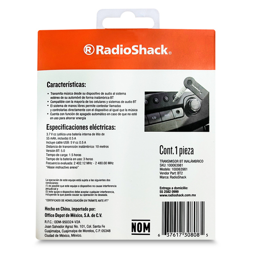 Transmisor Bluetooth Inalámbrico para Auto RadioShack / Negro  