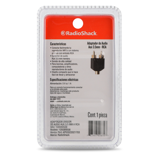 Adaptador de Audio Auxiliar 3.5 mm a RCA RadioShack / Negro