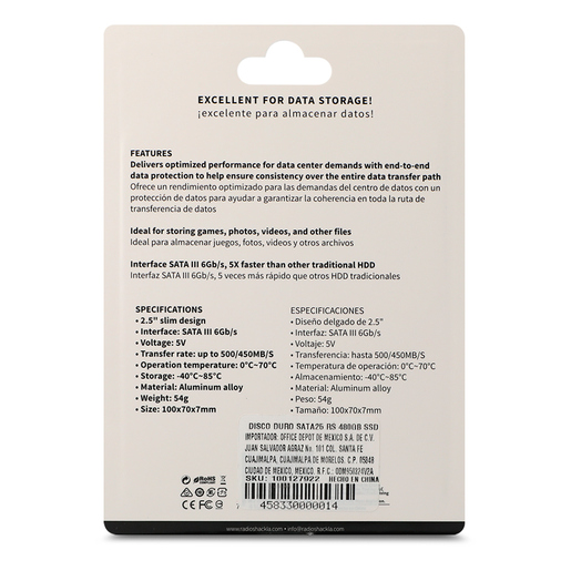 Disco Duro Interno RadioShack / 480 gb SSD / Sata 2.5 / Negro