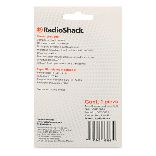 Micrófono de Solapa Alámbrico RadioShack Omnidireccional 1.5 m