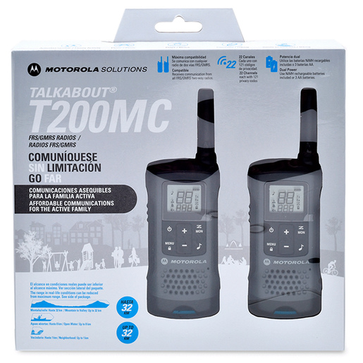 Radio de dos Vías Motorola TalkAbout T200MC / 22 canales / 20 millas / Gris oscuro / 2 piezas