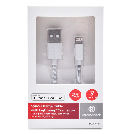 Cable USB a Lightning RadioShack / MFi / 90 cm / Metal / Plata