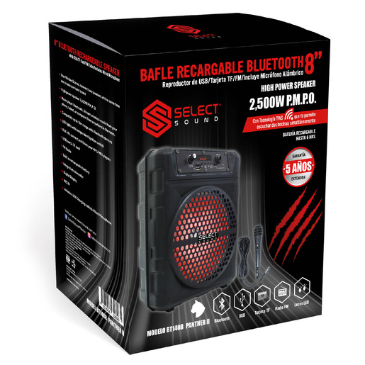 Bafle Select Sound Panther II / 8 pulgadas / 2500 W / Bluetooth / Negro